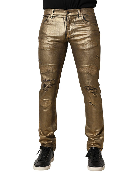 Gold Tattered Cotton Stretch Slim Denim Jeans-Dolce & Gabbana-LabelTerrace.com