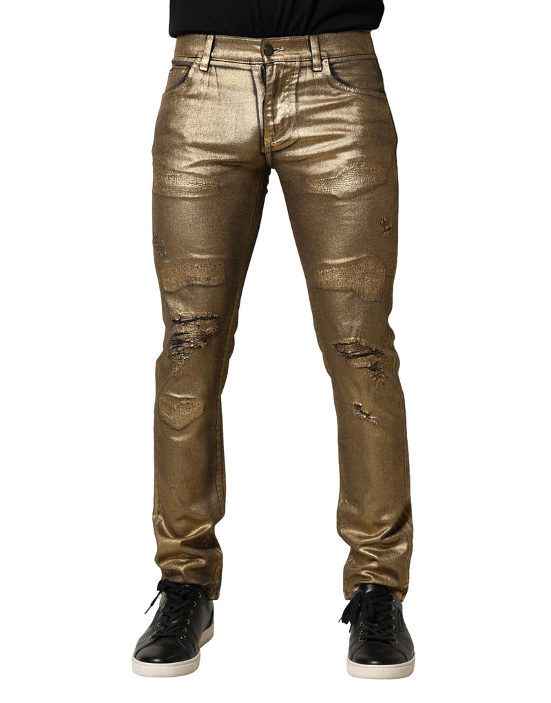 Gold Tattered Cotton Stretch Slim Denim Jeans-Dolce & Gabbana-LabelTerrace.com