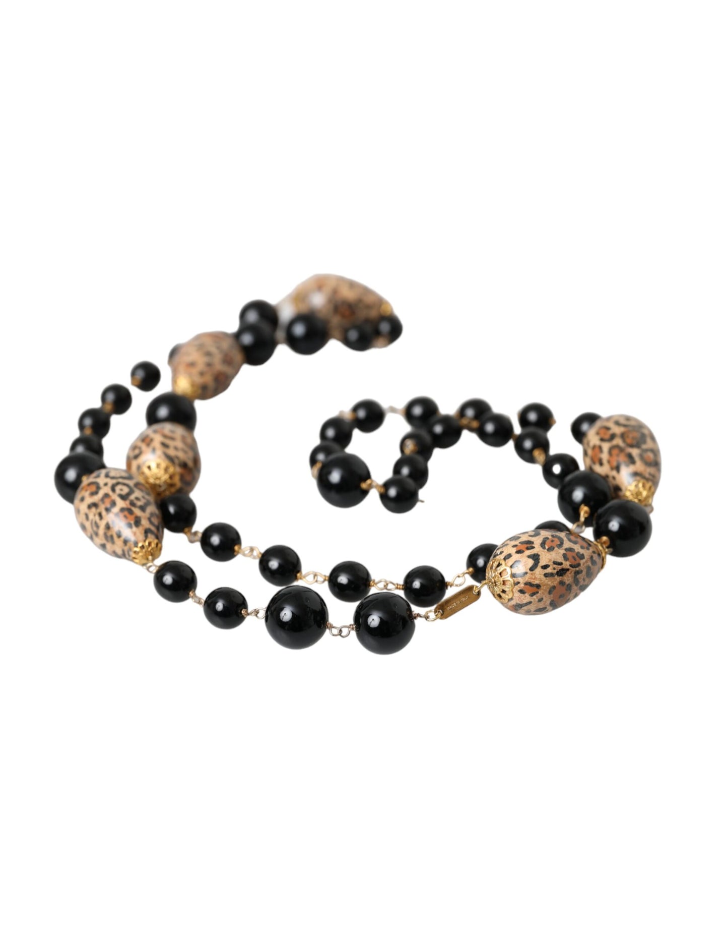 Gold Tone Brass Black Printed Beaded Long Chain Necklace-Dolce & Gabbana-LabelTerrace.com