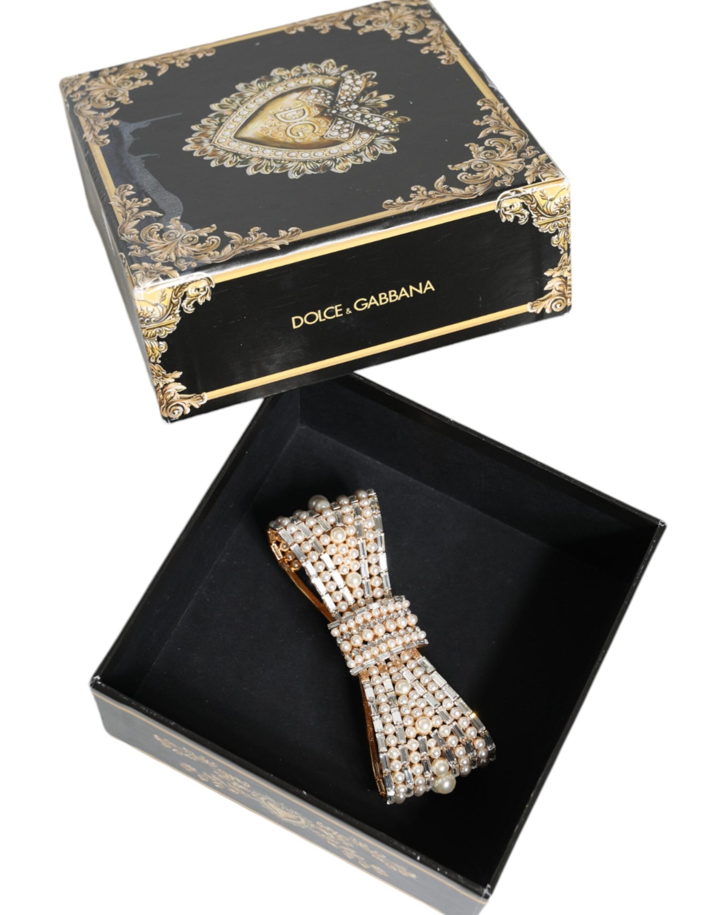 Gold Tone Brass Bow Crystal FauxPearl Embellished Brooch-Dolce & Gabbana-LabelTerrace.com