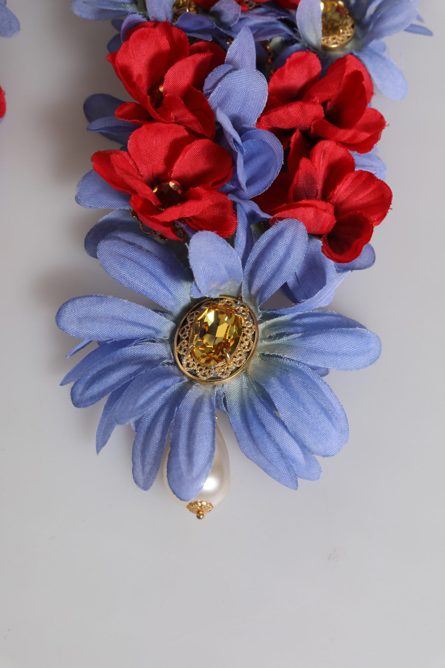 Gold Tone Brass Floral Crystal Clip On Dangling Earrings-Dolce & Gabbana-LabelTerrace.com