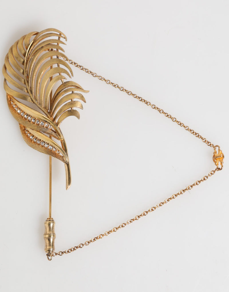 Gold Tone Leaf 925 Sterling Silver Crystal Chain Brooch-Dolce & Gabbana-LabelTerrace.com