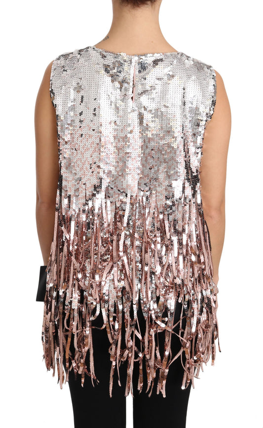 Golden Pink Sequined Fringe Tank Top-Dolce & Gabbana-LabelTerrace.com