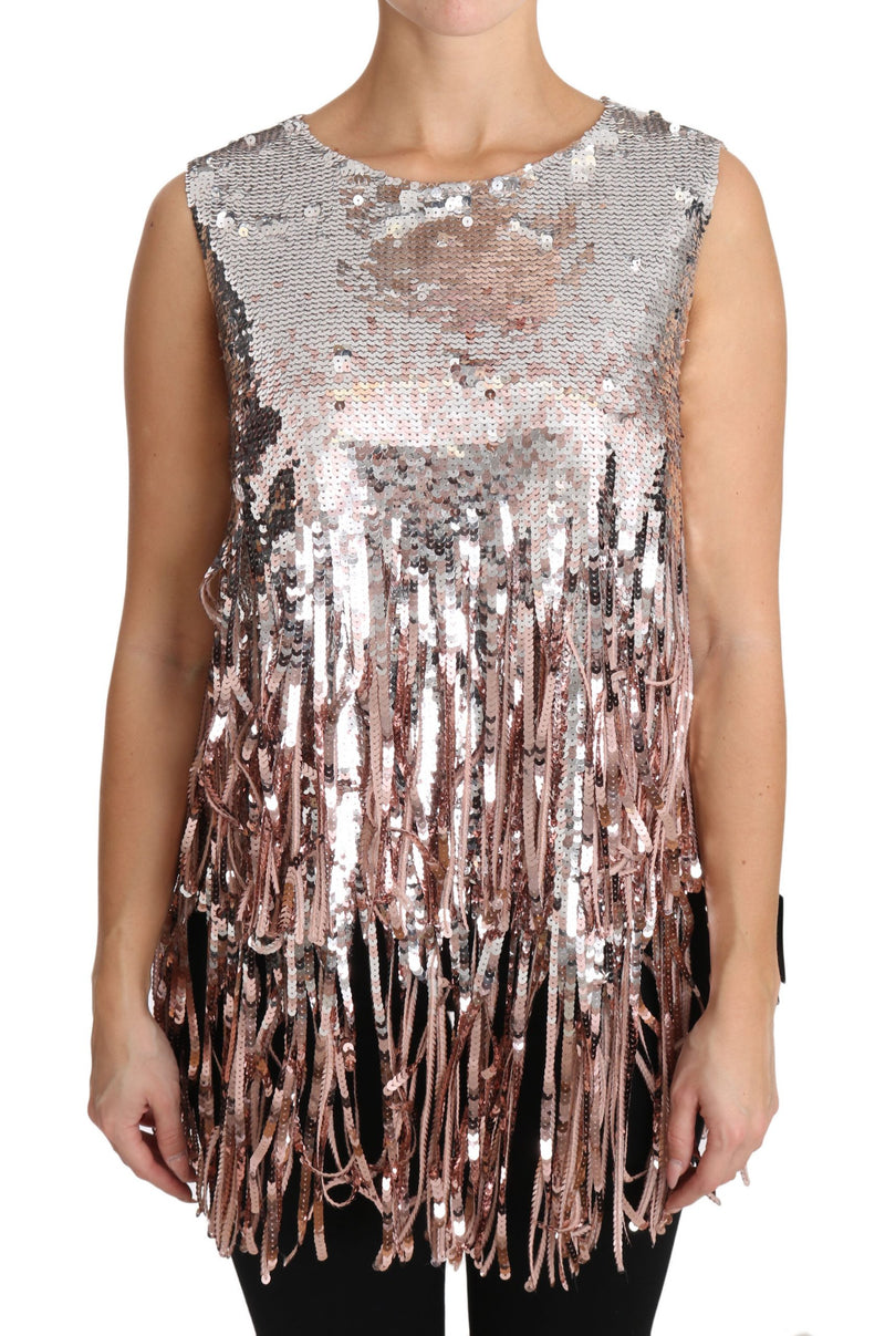Golden Pink Sequined Fringe Tank Top-Dolce & Gabbana-LabelTerrace.com