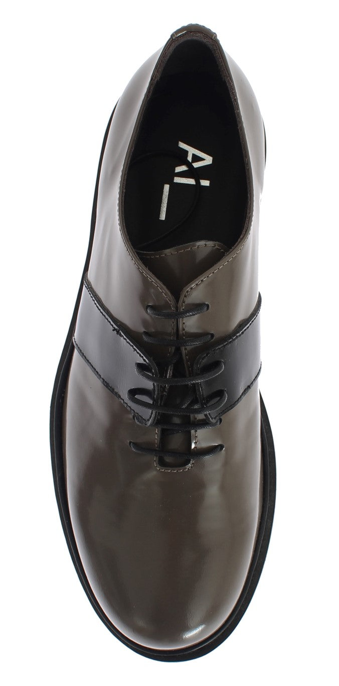 Gray Brown Leather Laceups Shoes-AI_-LabelTerrace.com
