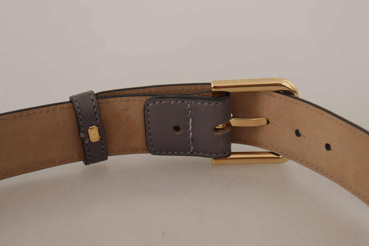 Gray Calfskin Leather Gold Metal Logo Buckle Belt-Dolce & Gabbana-LabelTerrace.com