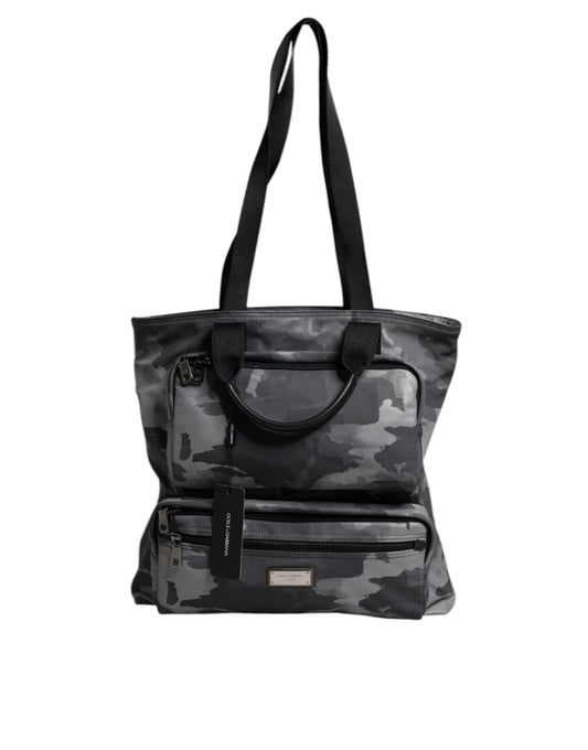 Gray Camo Cotton Multiple Compartments Tote Bag-Dolce & Gabbana-LabelTerrace.com