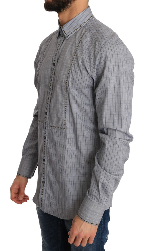 Gray Check GOLD Cotton Slim Fit Shirt-Dolce & Gabbana-LabelTerrace.com