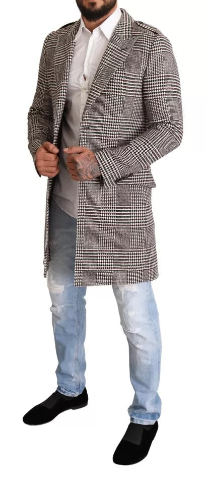 Gray Check Plaid Long Trench Coat Jacket-Dolce & Gabbana-LabelTerrace.com