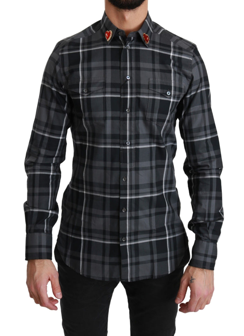 Gray Checkered Heart Collar MARTINI Shirt-Dolce & Gabbana-LabelTerrace.com