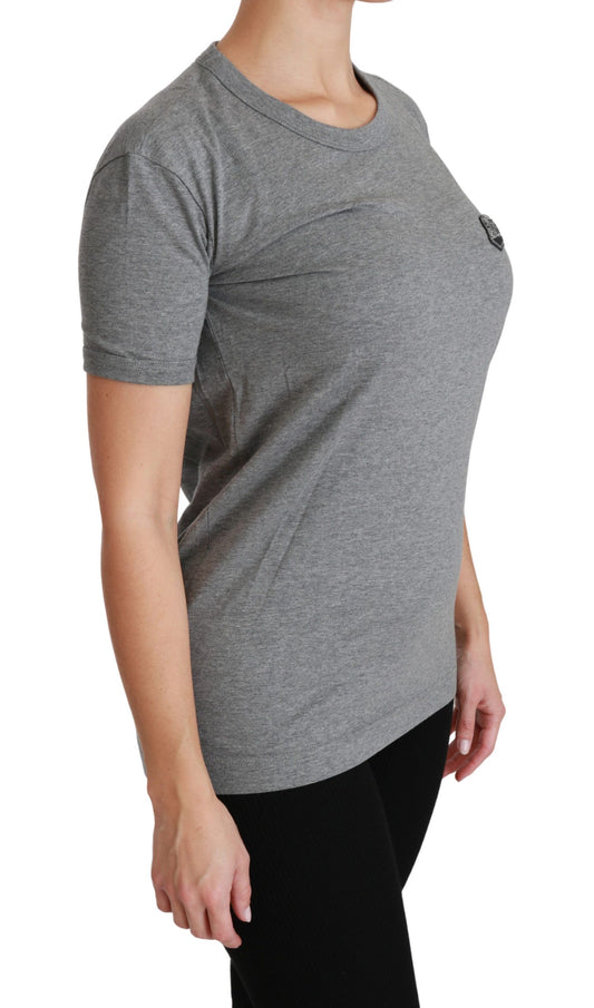 Gray Crewneck Amore Patch Cotton Top T-shirt-Dolce & Gabbana-LabelTerrace.com