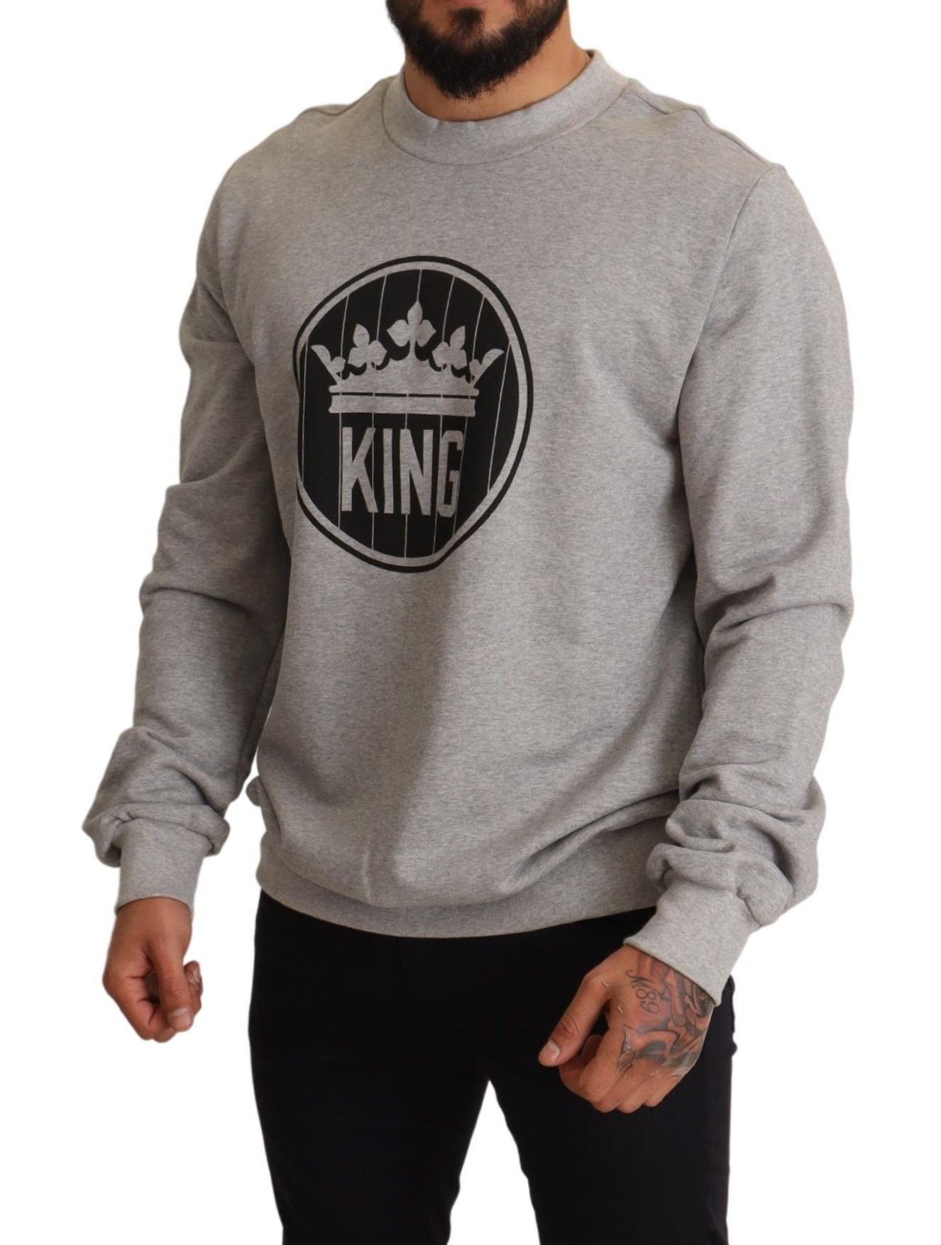 Gray Crown King Print Cotton Sweater-Dolce & Gabbana-LabelTerrace.com