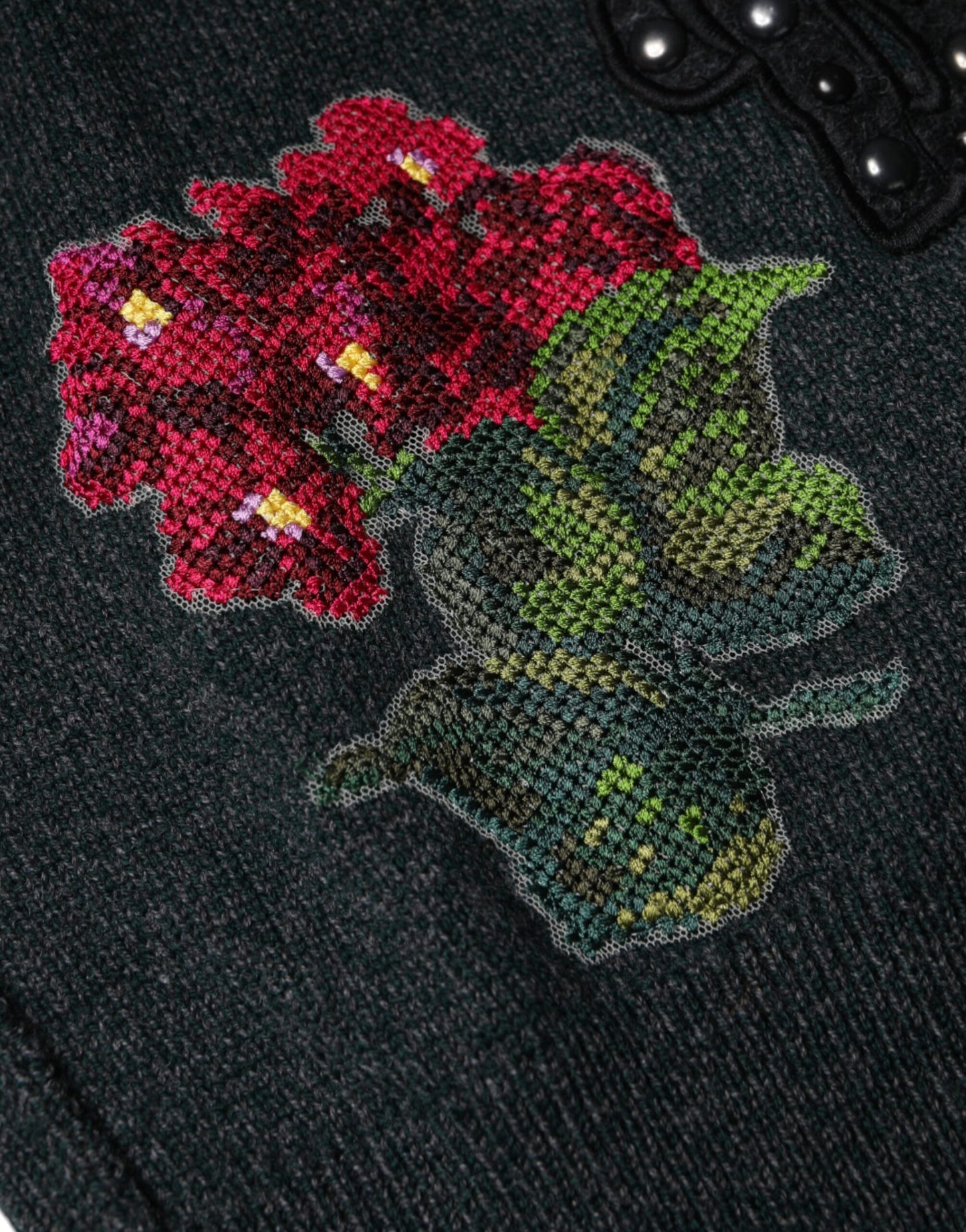 Gray Embellished Crew Neck Pullover Sweater-Dolce & Gabbana-LabelTerrace.com