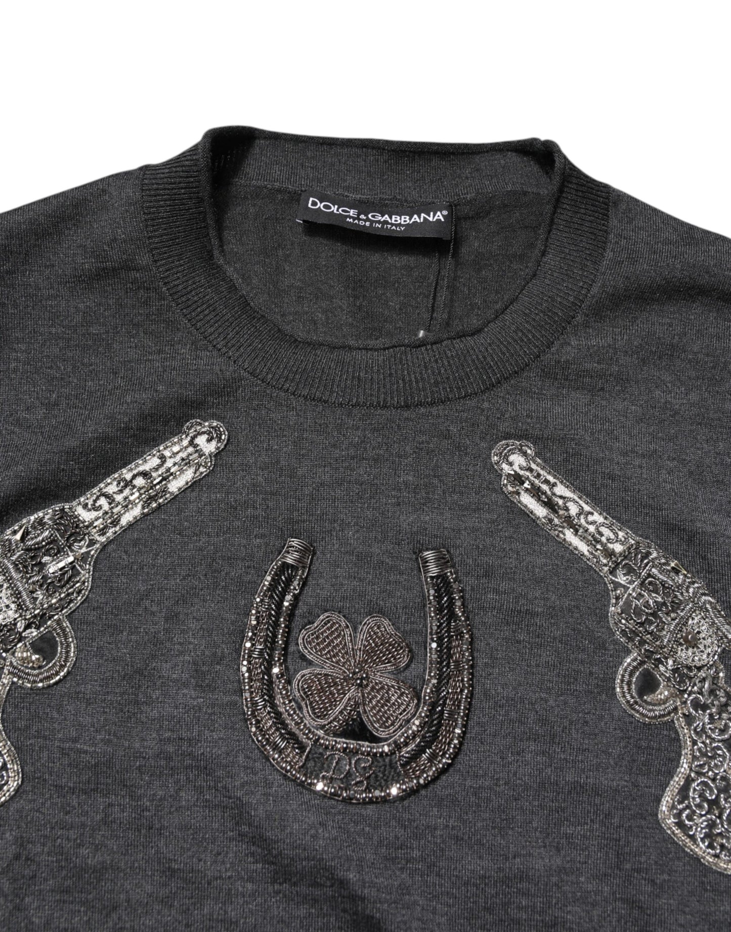 Gray Embroidery Knit Men Pullover Sweater-Dolce & Gabbana-LabelTerrace.com