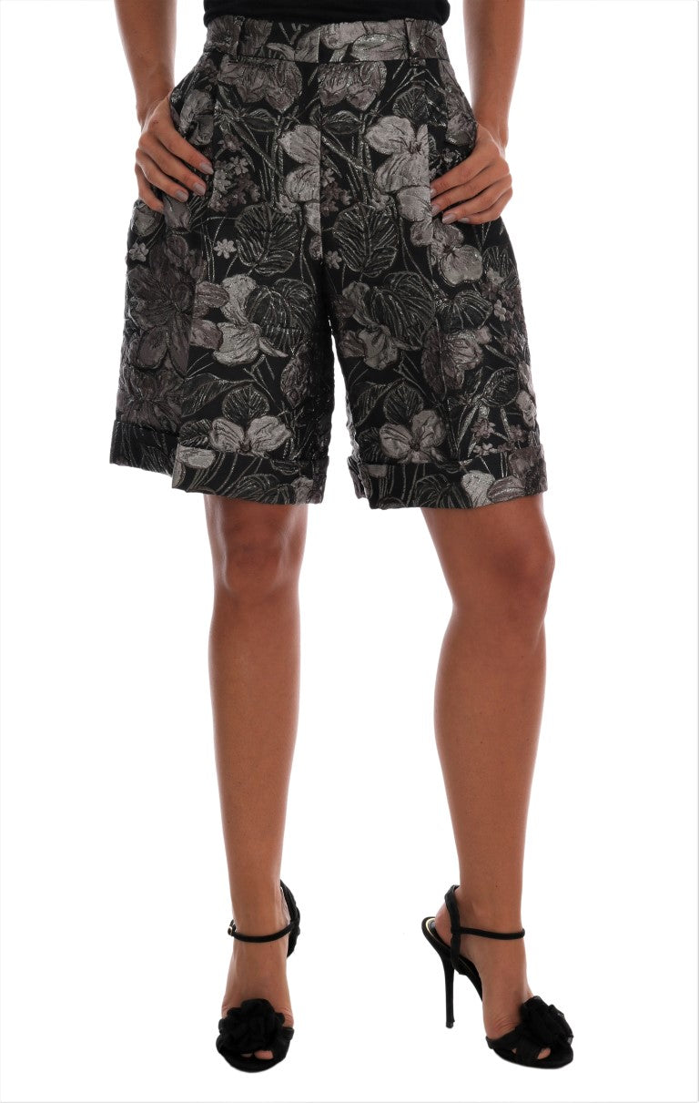 Gray Floral Brocade High Waist Shorts-Dolce & Gabbana-LabelTerrace.com