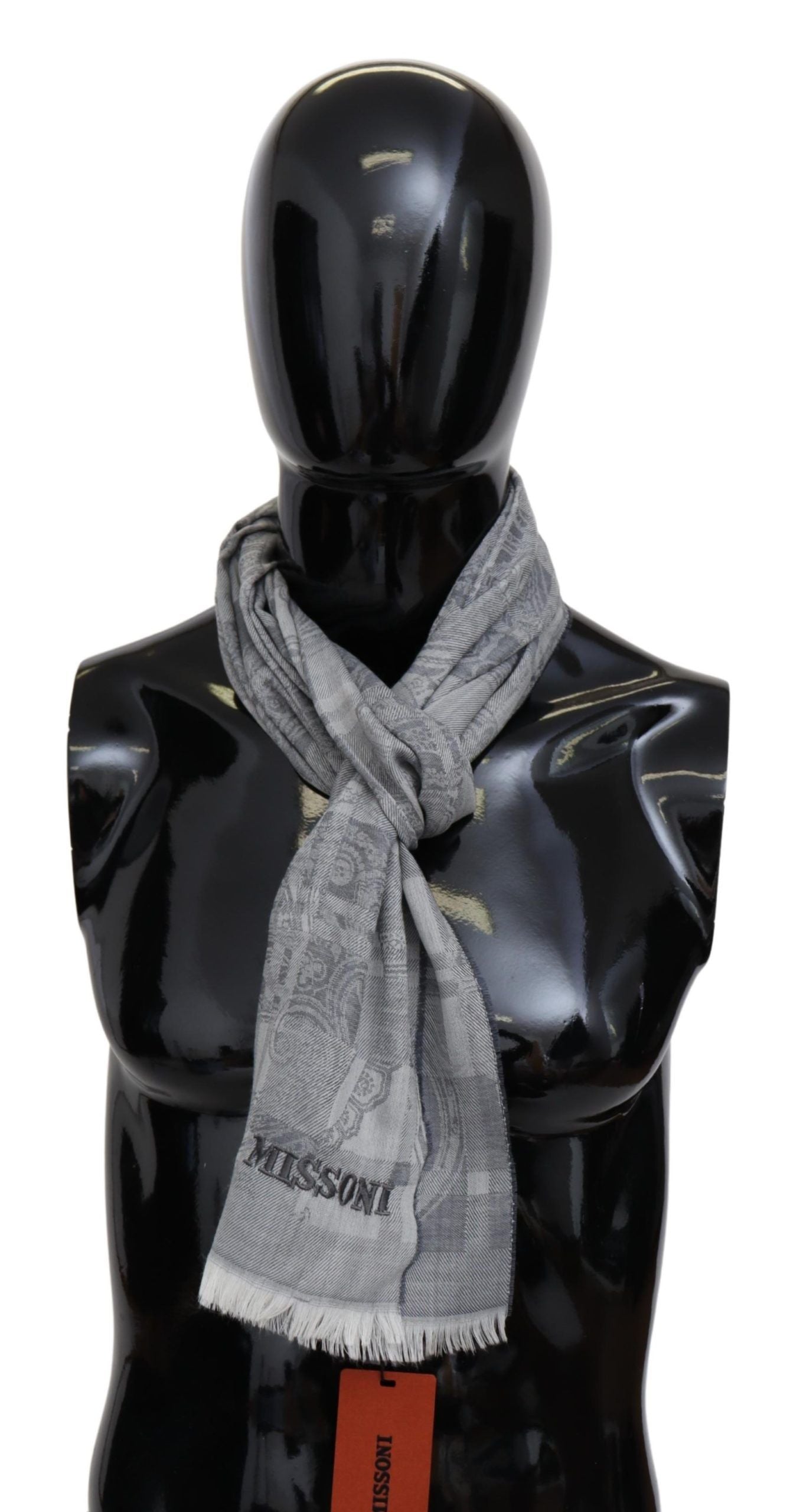Gray Floral Wool Unisex Neck Wrap Fringes Scarf-Missoni-LabelTerrace.com