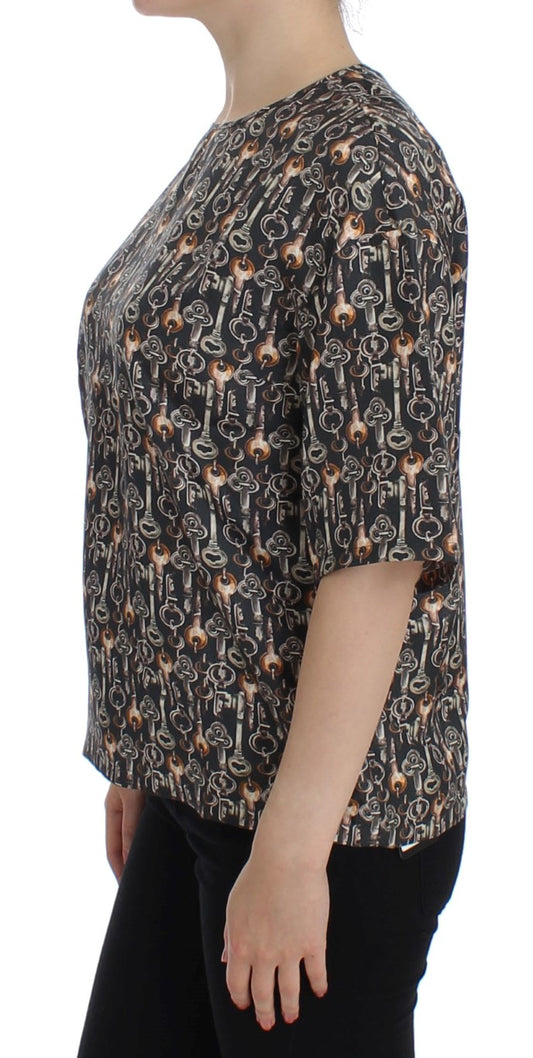 Gray Gold Key Print Silk Blouse T-shirt-Dolce & Gabbana-LabelTerrace.com