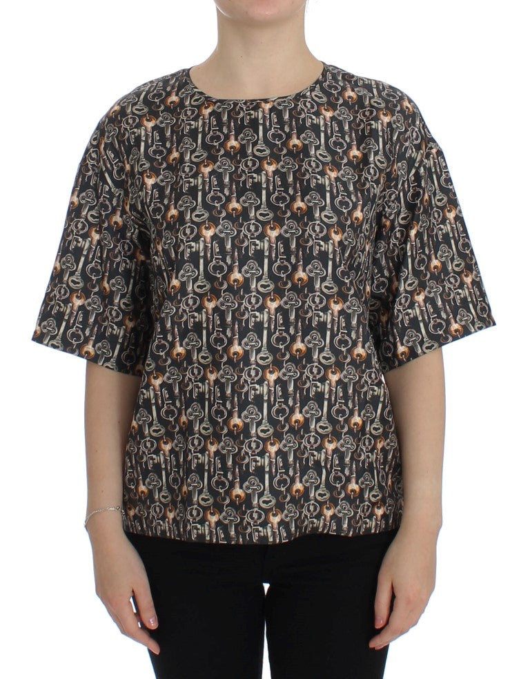 Gray Gold Key Print Silk Blouse T-shirt-Dolce & Gabbana-LabelTerrace.com