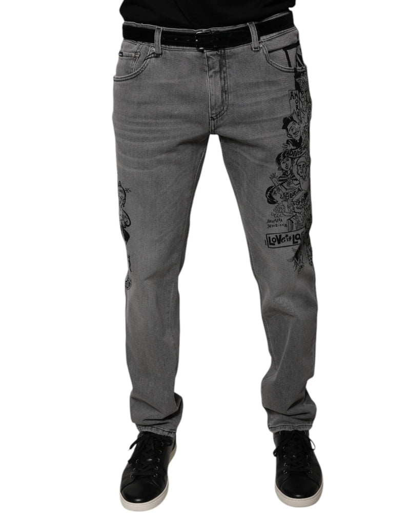 Gray Graphic Print Cotton Skinny Denim Jeans-Dolce & Gabbana-LabelTerrace.com
