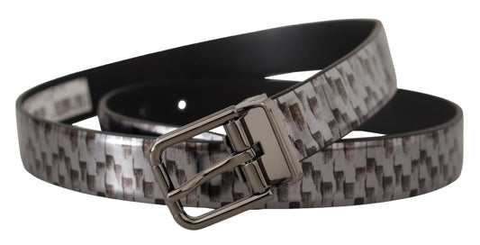 Gray Herringbone Leather Gray 3D Metal Buckle Belt-Dolce & Gabbana-LabelTerrace.com