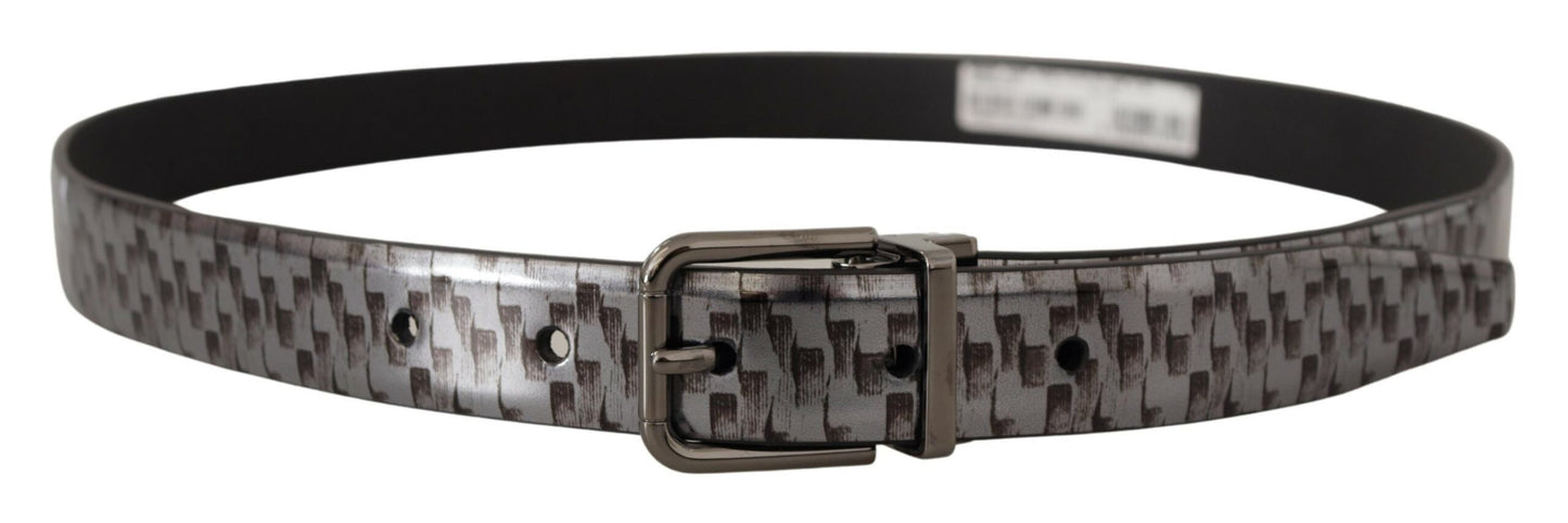 Gray Herringbone Leather Gray 3D Metal Buckle Belt-Dolce & Gabbana-LabelTerrace.com