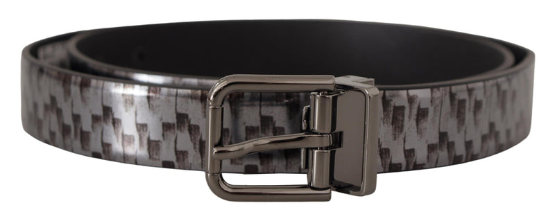 Gray Herringbone Leather Gray 3D Metal Buckle Belt-Dolce & Gabbana-LabelTerrace.com