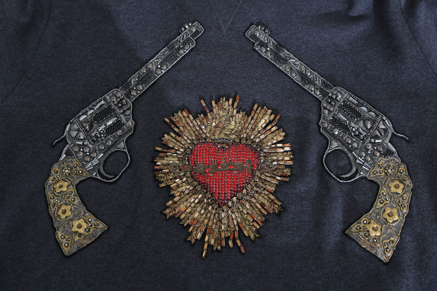Gray Hooded Red Crystal Heart Gun Sweater-Dolce & Gabbana-LabelTerrace.com