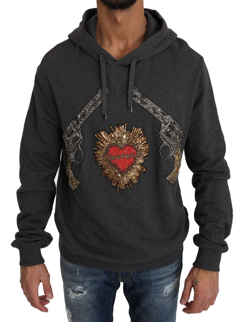 Gray Hooded Red Crystal Heart Gun Sweater-Dolce & Gabbana-LabelTerrace.com