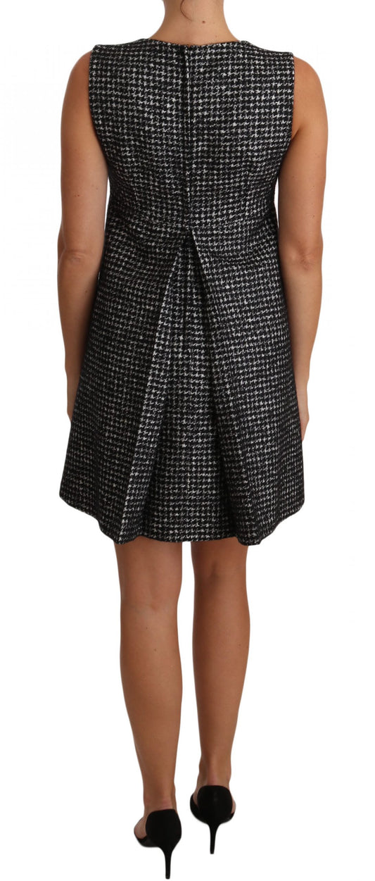 Gray Houndstooth Floral Appliqué Shift Mini Dress-Dolce & Gabbana-LabelTerrace.com