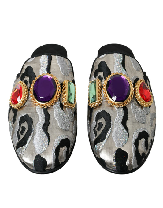 Gray Jacquard Crystal Mule Flat Sandals Shoes-Dolce & Gabbana-LabelTerrace.com