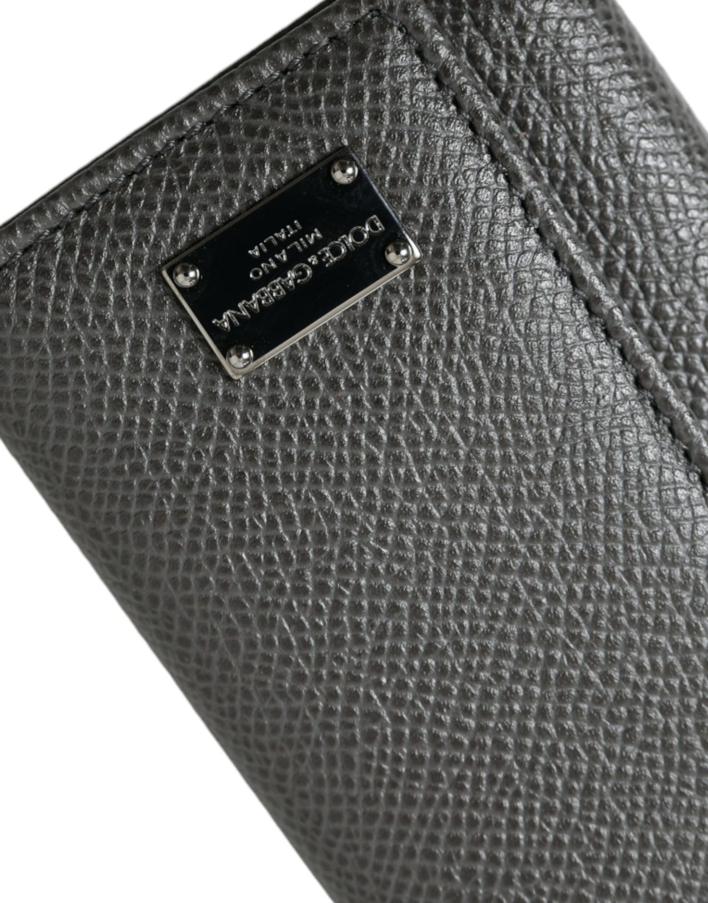 Gray Leather Silver Metal Logo Plaque Trifold Keyring-Dolce & Gabbana-LabelTerrace.com