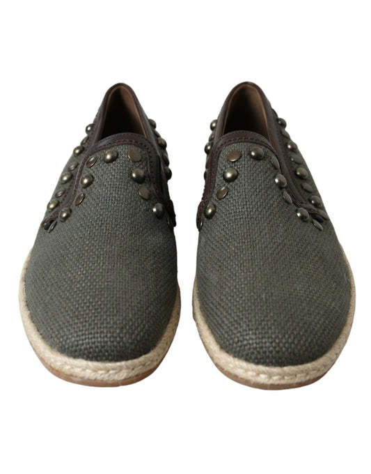 Gray Linen Leather Studded Loafers Shoes-Dolce & Gabbana-LabelTerrace.com