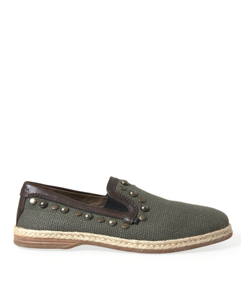 Gray Linen Leather Studded Loafers Shoes-Dolce & Gabbana-LabelTerrace.com