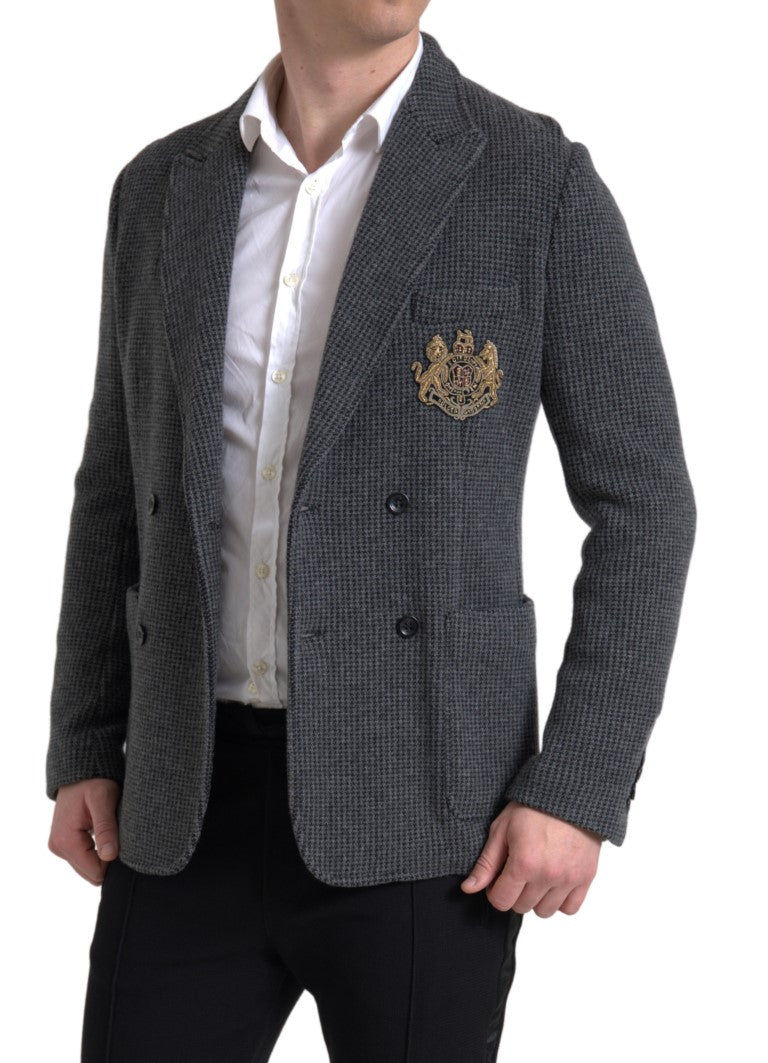 Gray Logo Embroidery Double Breasted Blazer-Dolce & Gabbana-LabelTerrace.com