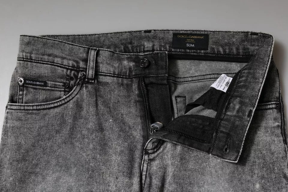 Gray Logo Plaque Cotton Slim Fit Denim Jeans-Dolce & Gabbana-LabelTerrace.com