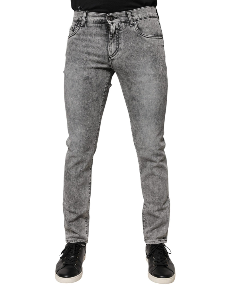 Gray Logo Plaque Cotton Slim Fit Denim Jeans-Dolce & Gabbana-LabelTerrace.com