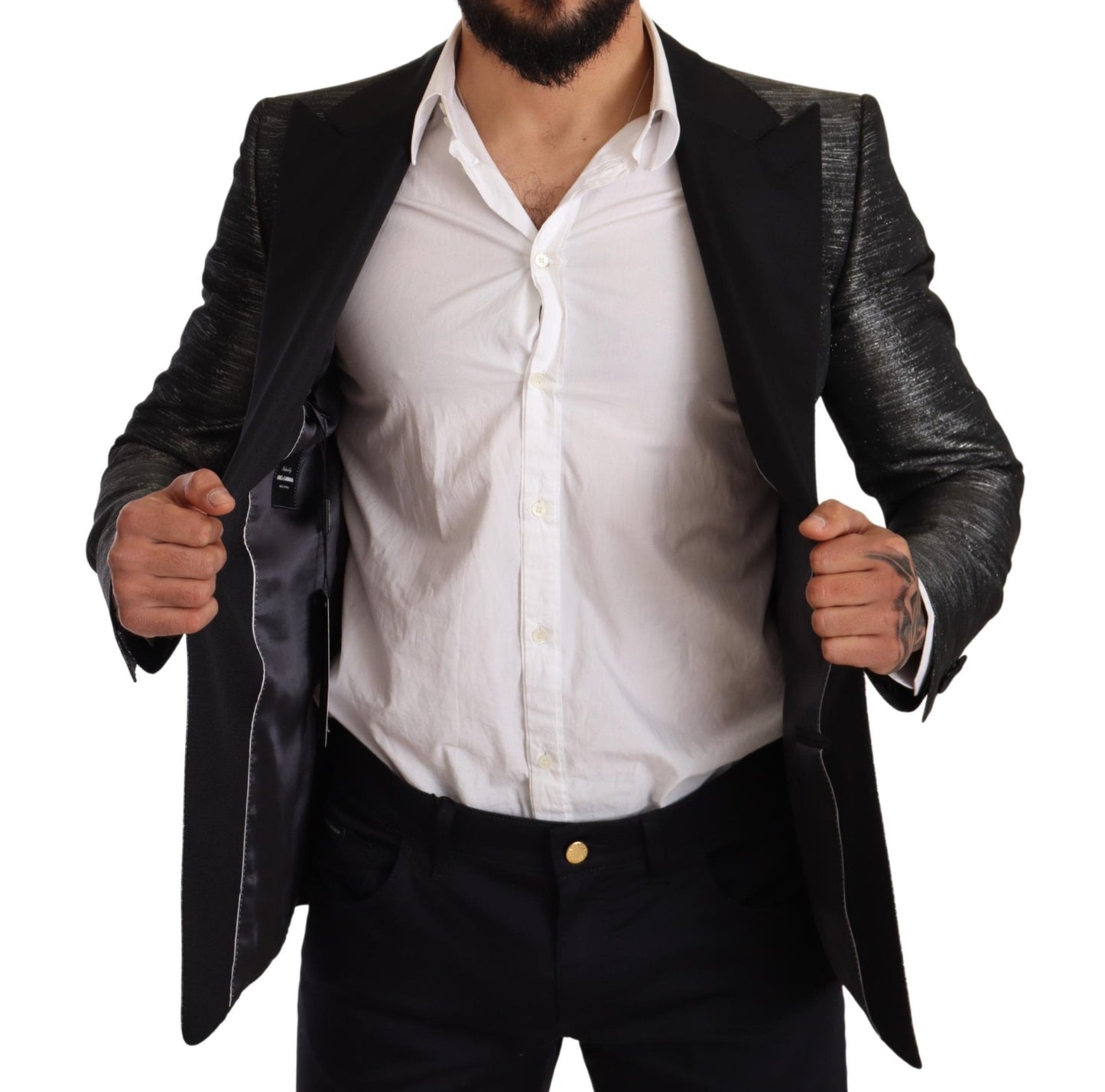Gray Metallic Black Slim Tuxedo Blazer-Dolce & Gabbana-LabelTerrace.com