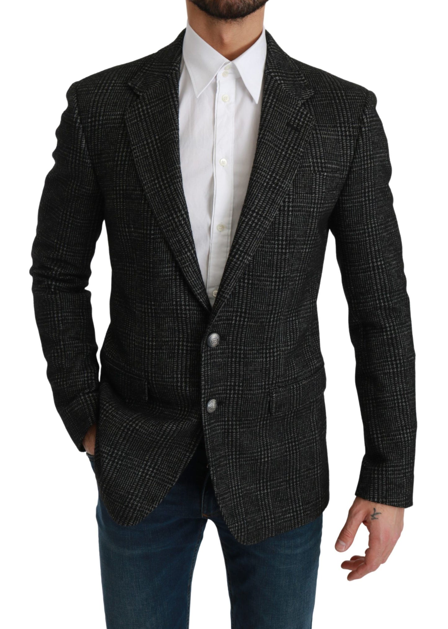 Gray Plaid Check Slim Fit Jacket Blazer-Dolce & Gabbana-LabelTerrace.com