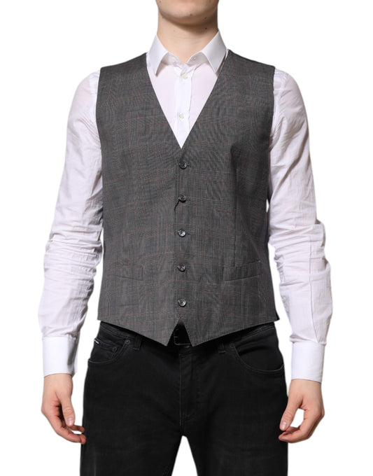 Gray Plaid Wool Formal Dress Waistcoat Vest-Dolce & Gabbana-LabelTerrace.com