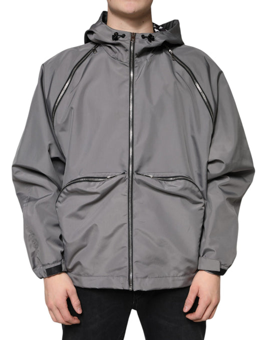 Gray Polyester Hooded Men Full Zip Jacket-Dolce & Gabbana-LabelTerrace.com