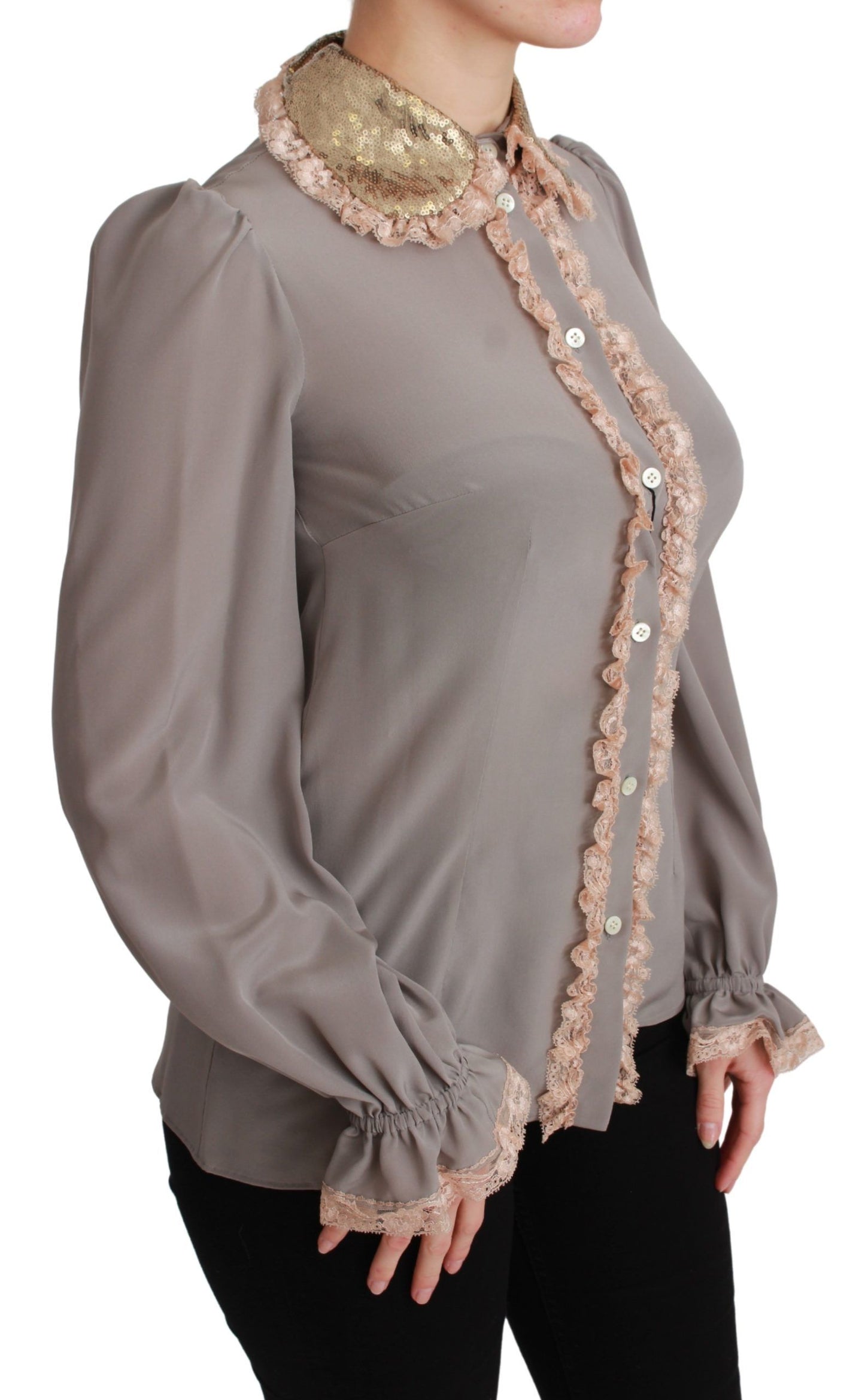Gray Silk Gold Sequin Lace Blouse Shirt-Dolce & Gabbana-LabelTerrace.com