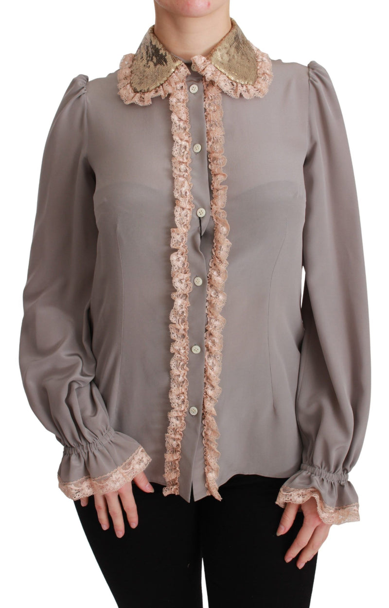 Gray Silk Gold Sequin Lace Blouse Shirt-Dolce & Gabbana-LabelTerrace.com