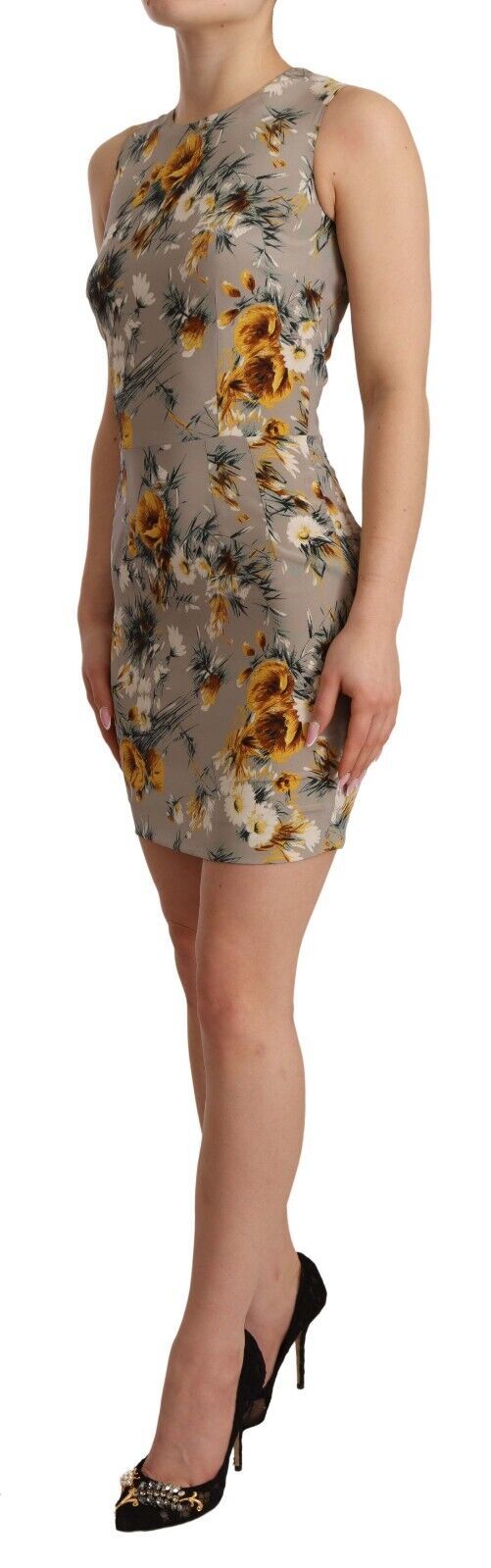 Gray Silk Stretch Floral Sheath Mini Dress-Dolce & Gabbana-LabelTerrace.com