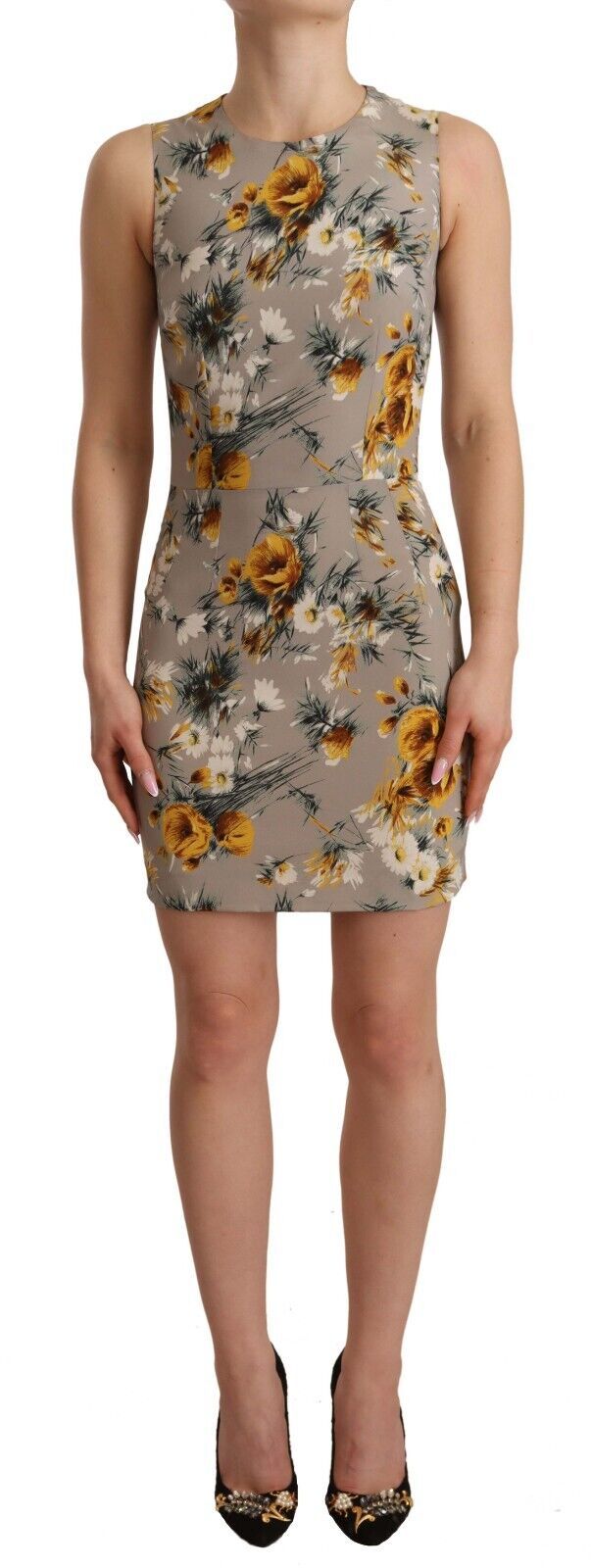 Gray Silk Stretch Floral Sheath Mini Dress-Dolce & Gabbana-LabelTerrace.com