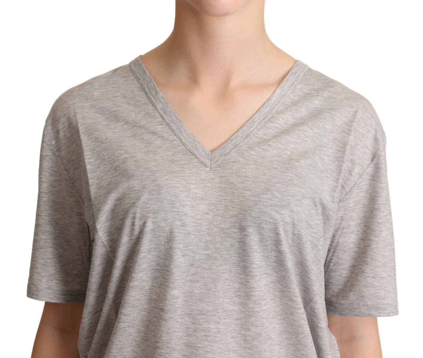 Gray Solid 100% Cotton V-neck Top T-shirt-Dolce & Gabbana-LabelTerrace.com