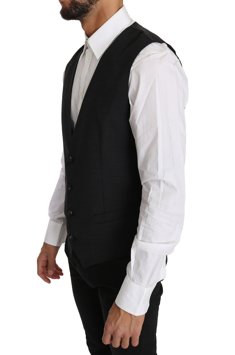 Gray Solid 100% Wool Waistcoat Vest-Dolce & Gabbana-LabelTerrace.com