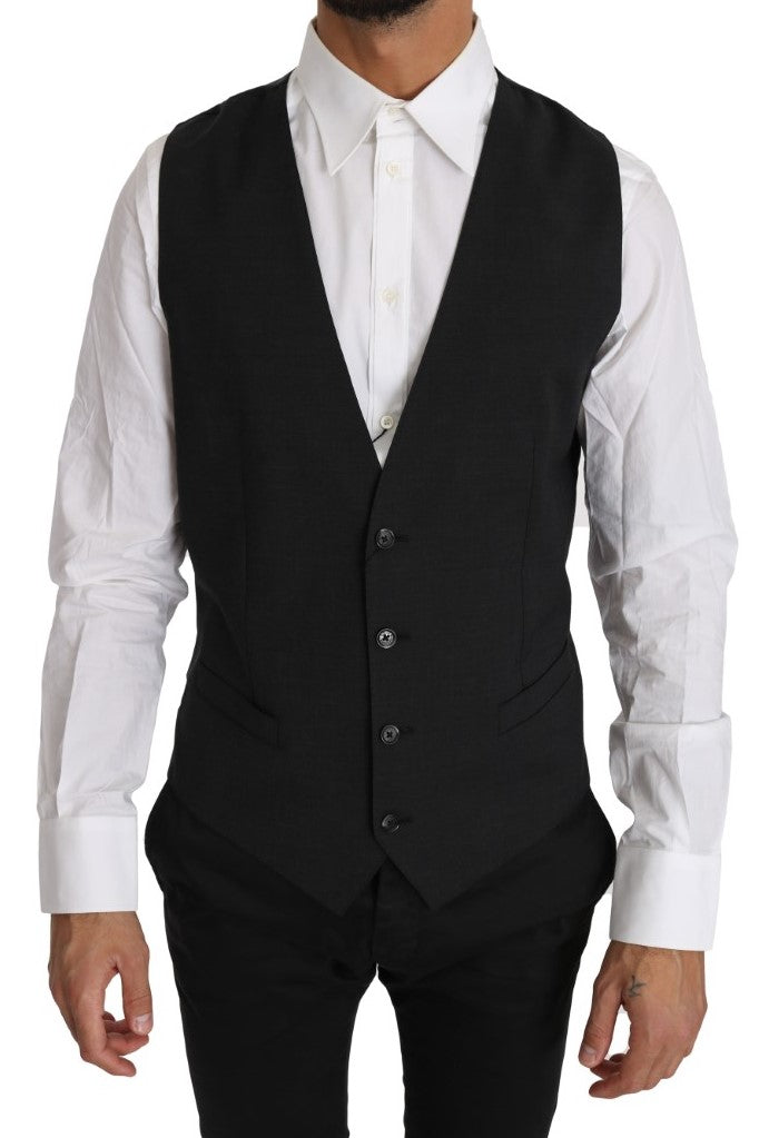 Gray Solid 100% Wool Waistcoat Vest-Dolce & Gabbana-LabelTerrace.com