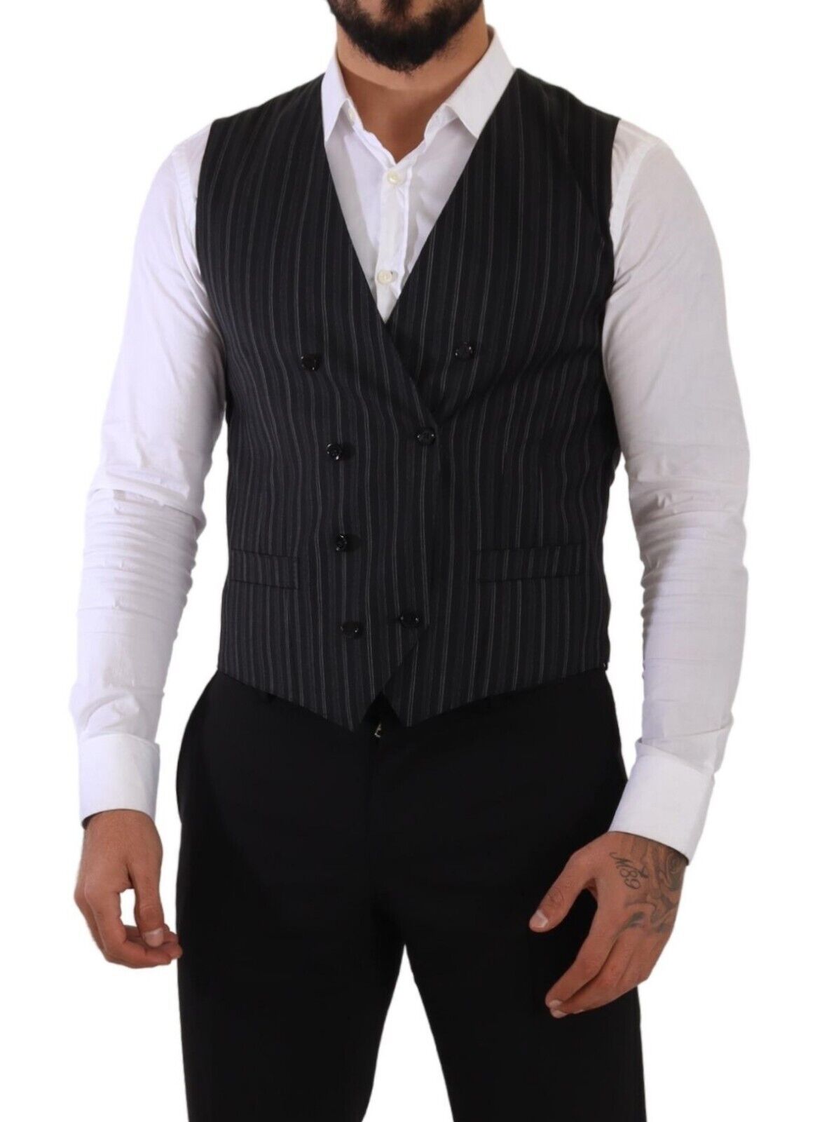 Gray Striped Double Breasted Waistcoat Vest-Dolce & Gabbana-LabelTerrace.com