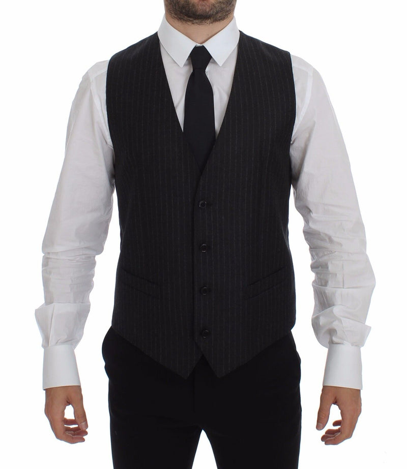 Gray Striped Wool Logo Vest Gilet Vests-Dolce & Gabbana-LabelTerrace.com