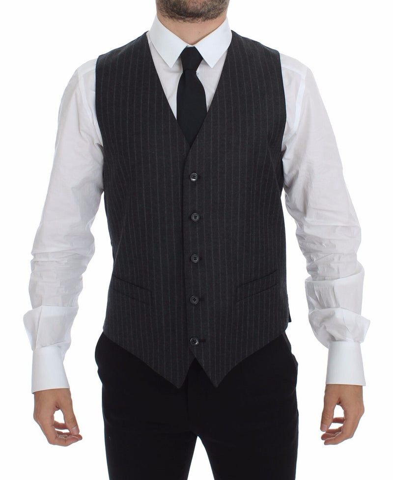 Gray Striped Wool Logo Vest Gilet Weste-Dolce & Gabbana-LabelTerrace.com